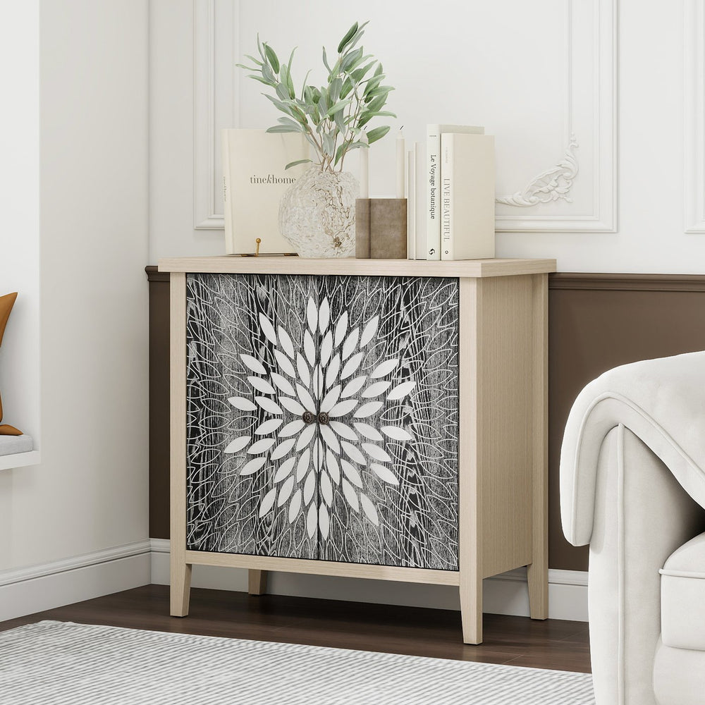 English Elm 2-Door Carved Storage Cabinet with Floral Handle, Adjustable Shelf, Anti-Tip Safety, Slim Design Black,Natural W688P232768