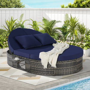 English Elm Outdoor Round Pe Rattan Daybed with Reclining Backrest and Built in Cup Trays Dark Blue W874S00081