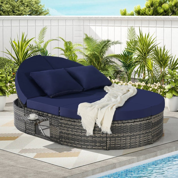 English Elm Outdoor Round Pe Rattan Daybed with Reclining Backrest and Built in Cup Trays Dark Blue W874S00081