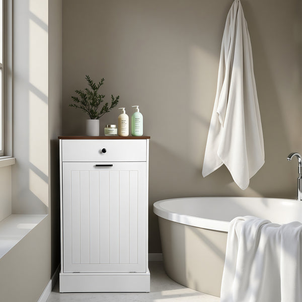 English Elm Tilt Out Trash Can Cabinet 10 Gal Hidden Tilt Design with 2 Drawers Farmhouse MDF Organizer White W3204P364054