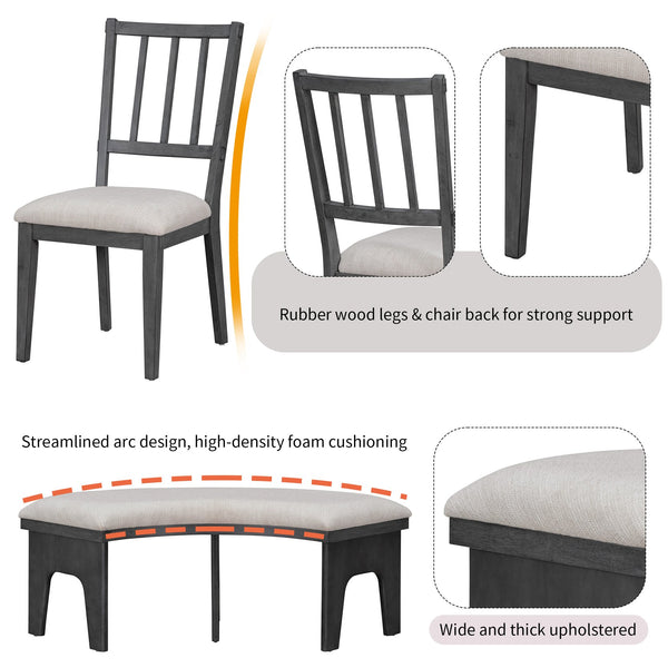 English Elm TREXM Round 5-Piece Rustic Dining Set with Upholstered Chairs and Curved Bench, Distressed Wood Finish Beige+Grey ST000146AAE