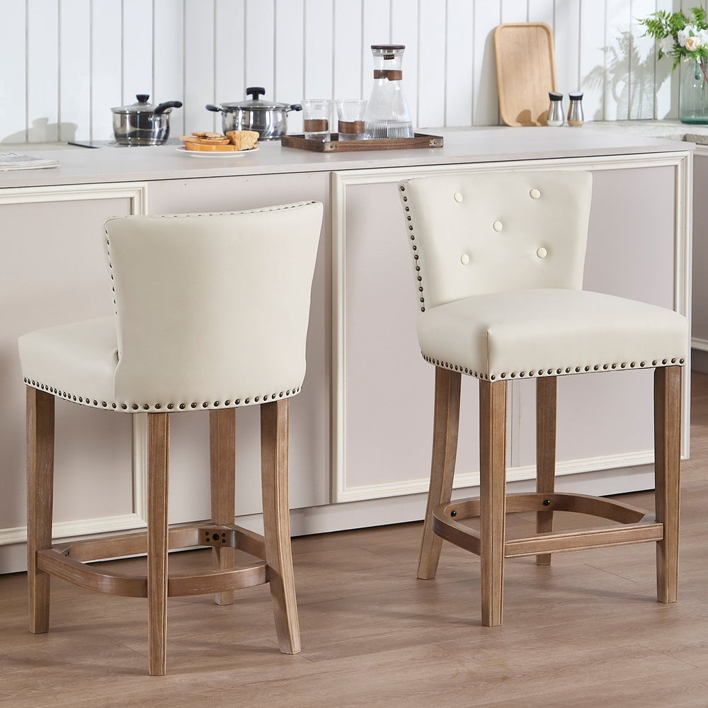 English Elm Bar Stools Set Of 2 - 26" Beige Leather & Wood Stools For Home, Kitchen, And Cafe Comfort W2195P314867