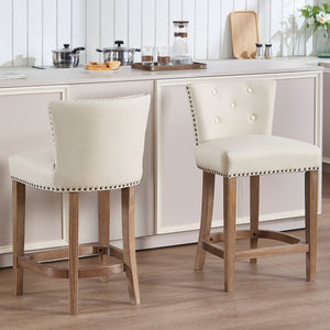 English Elm Bar Stools Set Of 2 - 26" Beige Leather & Wood Stools For Home, Kitchen, And Cafe Comfort W2195P314867
