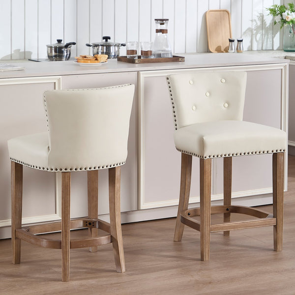 English Elm Bar Stools Set Of 2 - 26" Beige Leather & Wood Stools For Home, Kitchen, And Cafe Comfort W2195P314867