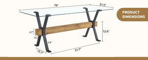 English Elm Elegant Transparent Tempered Glass Dining Table 79"x31.5" with X-Frame Black Metal Legs, Sleek MDF Beam, Seats 6-10 W1151S03586
