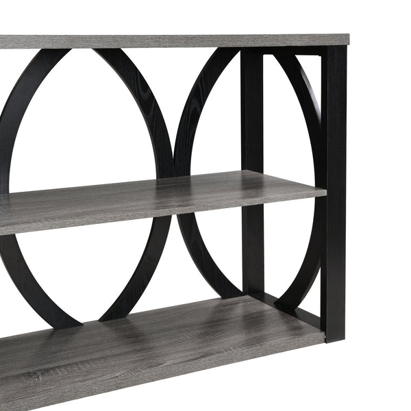 English Elm 3-Tier Industrial Console Table with Circular Frame Design, 70.87" Long Narrow Entry Shelf for Hallway Black+ Gray W2317P230086