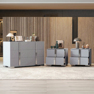 English Elm 3-Pieces Mirrored 6-Drawer Dresser and Two Nightstands with Sleek Metal Legs for Modern Living Gray 54.25 L x 20.75 W x 8.5 H N733S307938G