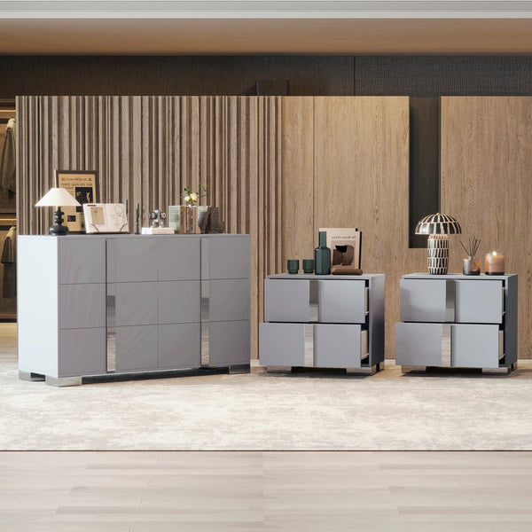 English Elm 3-Pieces Mirrored 6-Drawer Dresser and Two Nightstands with Sleek Metal Legs for Modern Living Gray 54.25 L x 20.75 W x 8.5 H N733S307938G