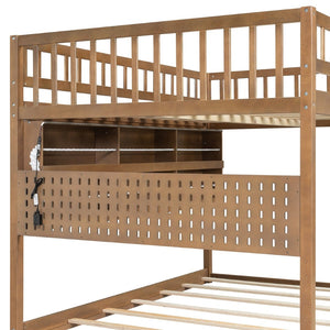 English Elm Full Over Bunk Bed with Led Lighting Pegboard Shelving and Pine Wood Frame Brown LT000278AAP