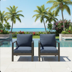 English Elm Set of 2 Outdoor Aluminum Patio Armchairs Rust Proof Frame with Plush Foam Cushions Black+Blue B082P454982