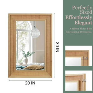English Elm Natural Rattan Wrapped Solid Wood Rectangular Mirror Handcrafted Farmhouse Bathroom Entryway Natural Wood W2203P436617