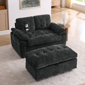 English Elm Leisure Chenille Two Seat Reclining Sofa with Usb Port Storage Ottoman Padded Armrests Black W487S00521
