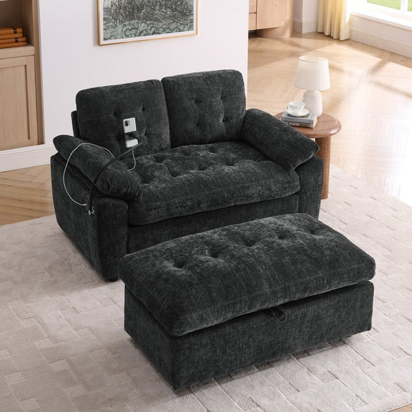English Elm Leisure Chenille Two Seat Reclining Sofa with Usb Port Storage Ottoman Padded Armrests Black W487S00521