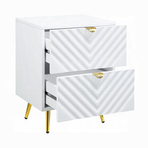 English Elm White White High Gloss 2-Drawer Nightstand with Gold Accents, Diagonal Texture, Glamorous Storage Options B062P189206