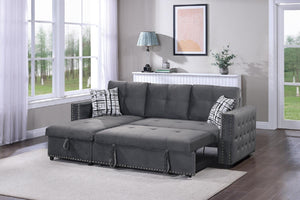 English Elm Gray Velvet Convertible Sectional Sofa with Pull-Out Bed, Reversible Storage Chaise, Tufted Elegance B011S01024