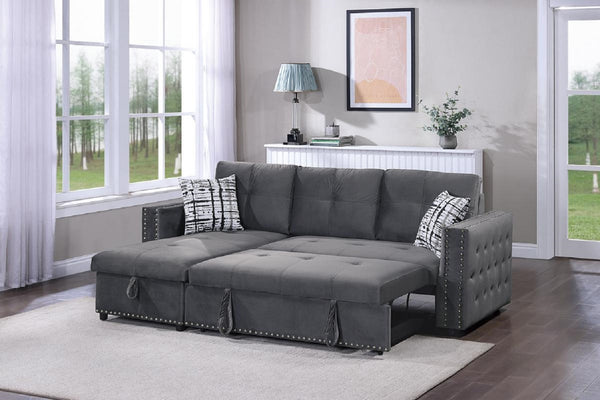 English Elm Gray Velvet Convertible Sectional Sofa with Pull-Out Bed, Reversible Storage Chaise, Tufted Elegance B011S01024