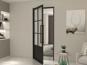 English Elm 30 in Matte Black Steel Sliding Barn Door Frosted Glass Privacy Panel with Hardware B2763P483216