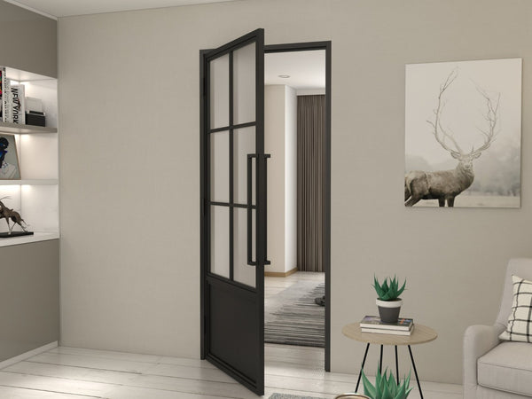 English Elm 30 in Matte Black Steel Sliding Barn Door Frosted Glass Privacy Panel with Hardware B2763P483216