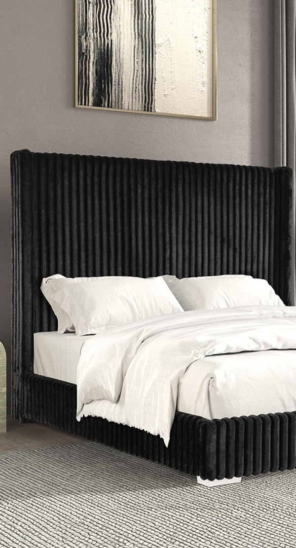 English Elm Bedroom Elegant Contemporary Queen Bed with Fur Chenille Upholstery, Engineered Wood Frame, Mattress-Ready Black 64.5 L x 73.5 W x 6.5 H B2741P320883