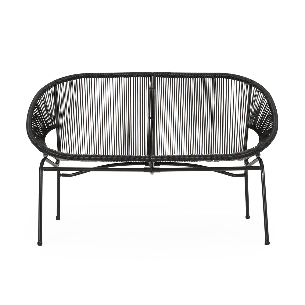English Elm Christopher Knight Home® - CONDESSA Black Loveseat – Modern Hammock Weave Polyethylene Rattan on Matte Powder-Coated Iron Frame 67120.00BLK