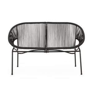 English Elm Christopher Knight Home® - CONDESSA Black Loveseat – Modern Hammock Weave Polyethylene Rattan on Matte Powder-Coated Iron Frame 67120.00BLK