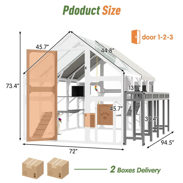 English Elm Large Walk-in Pine Wood Catio Enclosure with Platforms Resting Boxes and Planter Grey,White N704G201619K