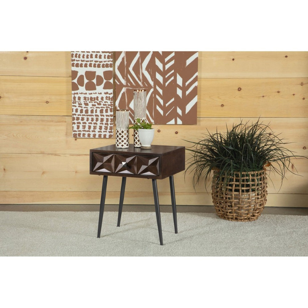 English Elm Gibson Solid Mango Wood Side Table Carved Starburst Drawer Mid-century Accent B062P441156