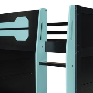 English Elm Full Size Wood Loft Bed with Rgb Lighting Desk Storage and Gaming Console Shelf Blue LT000260AAC