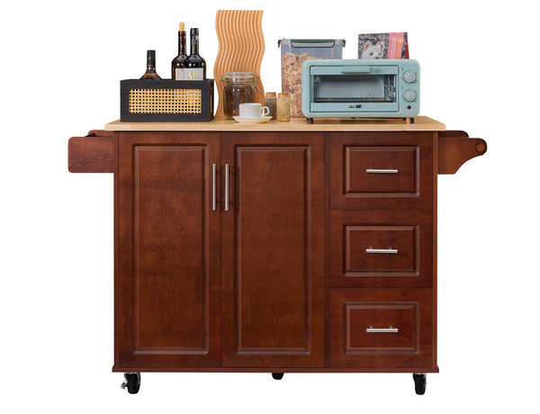 English Elm Kitchen Island Cart with Drop-Leaf Rubberwood Countertop, Rolling Tower Rack, Drawers & Spice Storage Brown W1820P195006