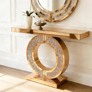 English Elm Mirrored Console Table with Diamond Inlay Double O Base Glam Entryway Accent Brown W3836P420881