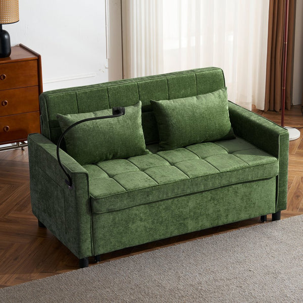 English Elm 56.9" Loveseat Sofa Bed with Chenille Upholstery, USB Ports, Phone Holder, Side Pockets, Reclining Backrest Green N719P208853F