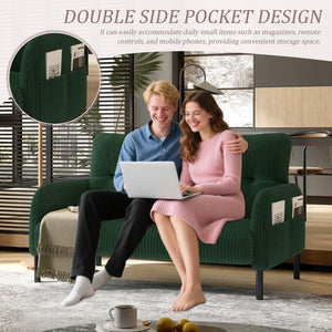 English Elm United We Win Corduroy Two Seat Sofa with Lumbar Support and Built in Storage Pockets Emerald W1568P386169