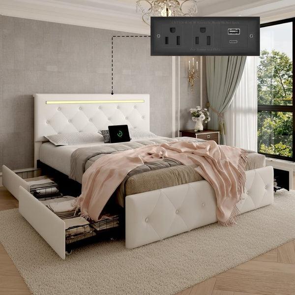 English Elm Queen Storage Bed with Led Lighting Crystal Tufted Pu Leather Headboard Charging Ports White W5722P462460
