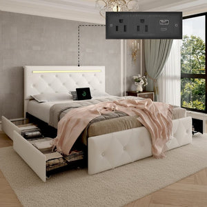 English Elm Full Size Pu Leather Storage Bed with Rgb Led Headboard and Charging Station White W5722P462437