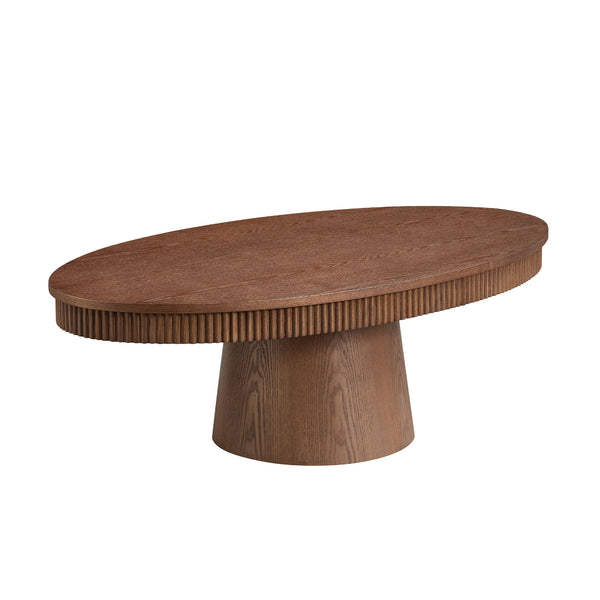 English Elm Modern Oval Handcraft Drum Coffee Table 21.65x21.65x17.72in MDF Pedestal Elegant Living Room Centerpiece Walnut W2582S00165