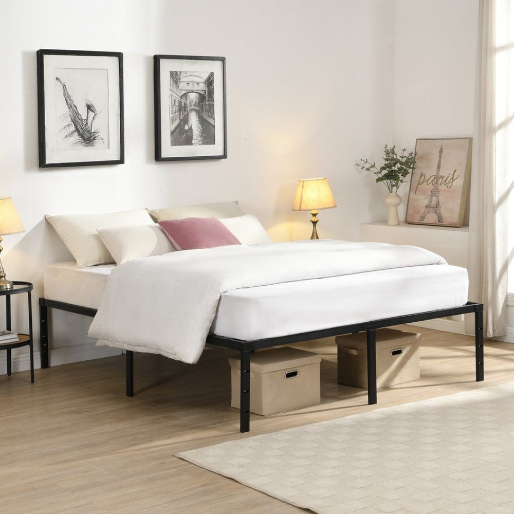 English Elm Queen Platform Bed Frame Heavy Duty Steel Slats Matte Black Modern Bedroom Base W2297P419870