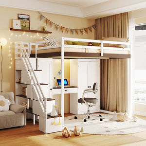 English Elm Full Size Teen Loft Bed with Wardrobe Staircase Storage Dressing Table and Led Lights LT000276AAP