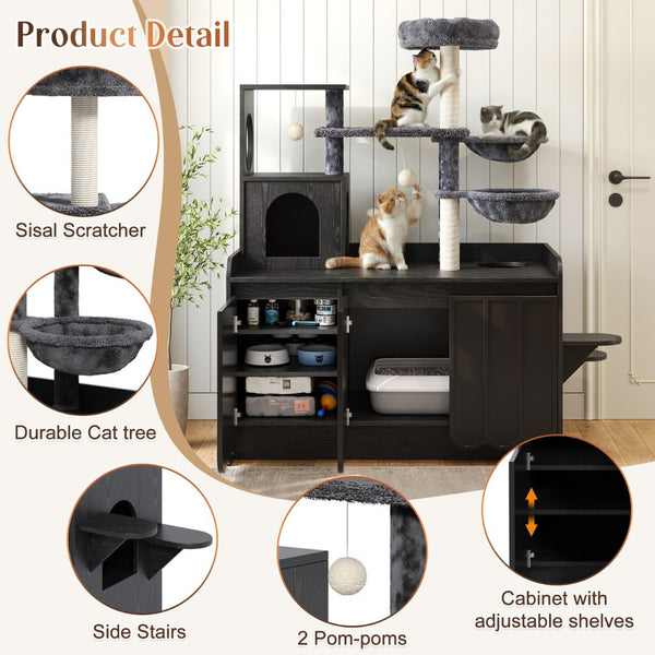 English Elm 50.6" Modern Cat Tower with Hidden Litter Enclosure Sisal Posts and Dual Hammocks N704P443505B