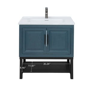 English Elm 32" Modern Bathroom Vanity with White Ceramic Seamless Sink, Textured Aluminum Faucet, Durable Hinges and Open Iron Shelf for Stylish Storage Blue W688P224392