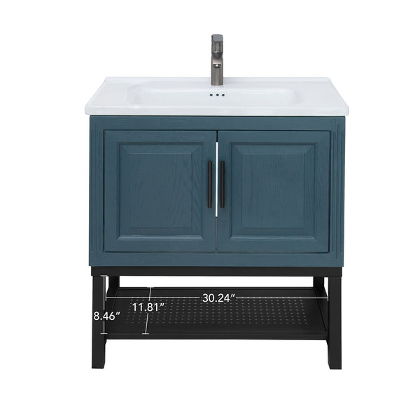 English Elm 32" Modern Bathroom Vanity with White Ceramic Seamless Sink, Textured Aluminum Faucet, Durable Hinges and Open Iron Shelf for Stylish Storage Blue W688P224392
