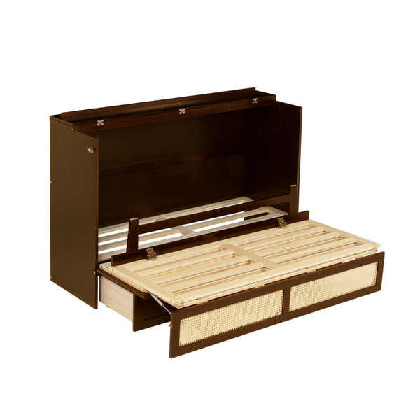 English Elm Queen Size Murphy Bed - Stylish Walnut Pine Cabinet With Rattan Accents & Full-Width Storage Drawer W504S00231-GIGA