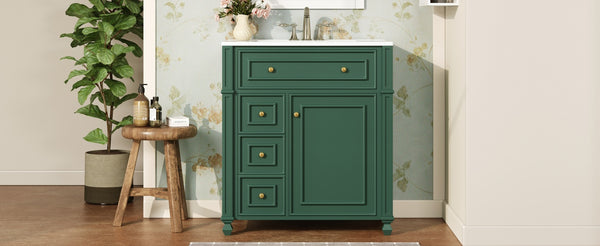 English Elm Bathroom Vanity with Sink French-Inspired 30" Ceramic Basin Vanity Cabinet with Soft-Close Doors & Drawer Organizer Green N710P286723F
