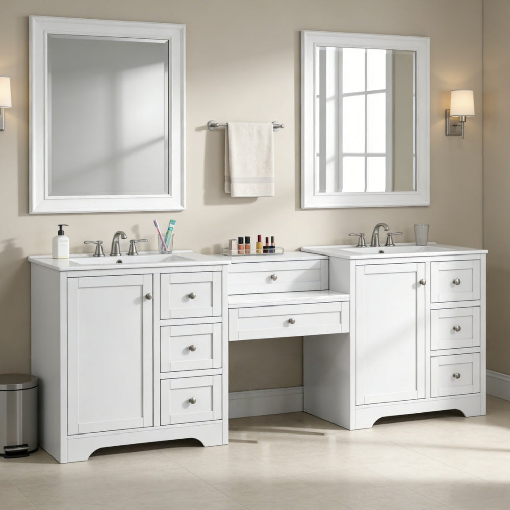 English Elm 84" Double Sink Vanity with Stone Countertop Six Soft Close Drawers and Silver Knobs White N817P404196W
