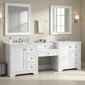 English Elm 84" Double Sink Vanity with Stone Countertop Six Soft Close Drawers and Silver Knobs White N817P404196W