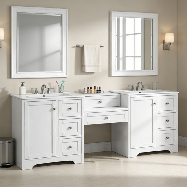 English Elm 84" Double Sink Vanity with Stone Countertop Six Soft Close Drawers and Silver Knobs White N817P404196W