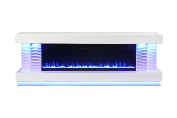 English Elm Contemporary TV Stand with Built-In Electric Fireplace, Heater, Glass Shelves & Modern Mixed-Material Finish White 75 L x 20 W x 31 H B2741P398850