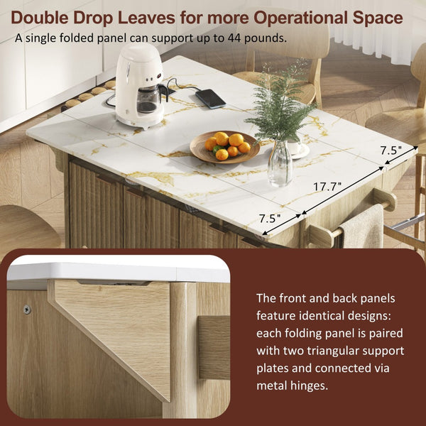 English Elm K&k Fluted Rolling Kitchen Island Faux Marble Top Power Outlet Storage Drawers Natural N707P353934Y