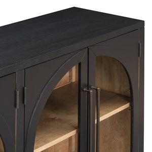 English Elm TREXM Arched 4-Door Large Storage Sideboard Buffet Cabinet with Glass Doors, Adjustable Shelves and Cable Management Black N715P290642B