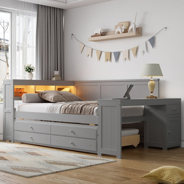 English Elm Full Size Pine Wood Platform Daybed with Led Headboard Desk Storage and Charging Gray N7090000475E-1