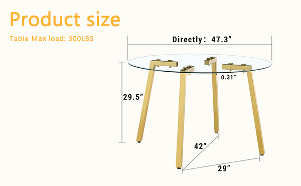 English Elm Modern Round Tempered Glass Dining Table with Gold 7-Shaped Legs, 47.3" Clear Top, Durable Luxury W1151S01881
